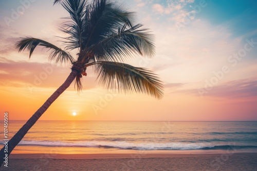 Sunset and a palm tree on a beach with a vintage filter Ai generative