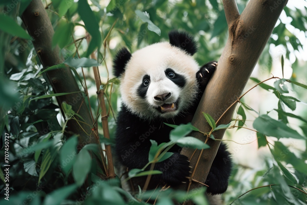 A playful panda cub climbing a bamboo tree in a Chinese forest Ai Generative A playful panda cub climbing a bamboo tree in a Chinese forest Ai Generative