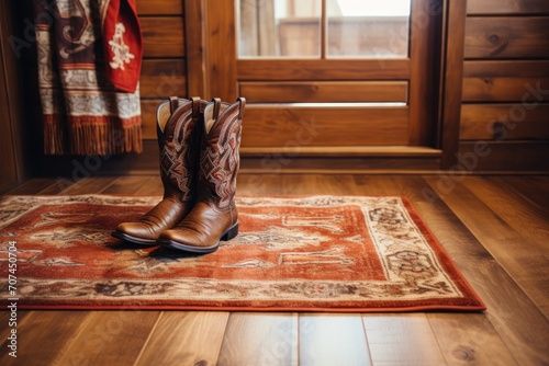 Wooden floor with a rug and a pair of boots Ai Generative