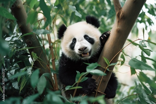 A playful panda cub climbing a bamboo tree in a Chinese forest Ai Generative