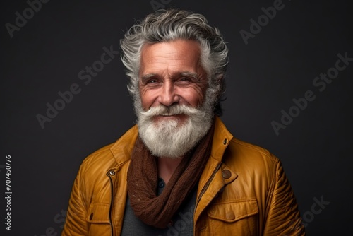 Portrait of a senior man with gray beard and mustache wearing a yellow leather jacket and a scarf on a dark background.