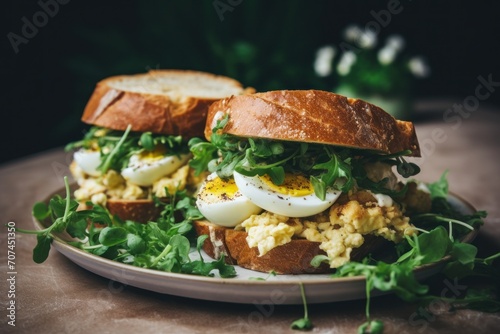 Air Fryer Loaded Egg Salad Sandwiches on light background Ai Generative