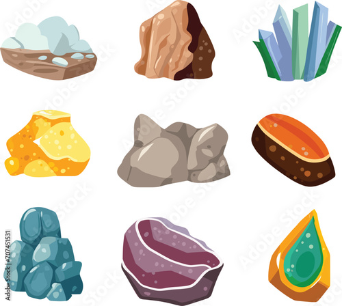 Collection of various mineral rocks and stones. Colorful gemstones, crystals, precious stones isolated on white background. Geology and mineralogy concept vector illustration.