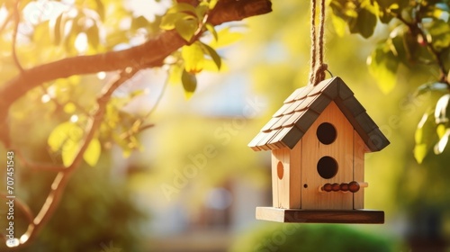 Closeup of a handmade birdhouse hanging in a tree outside of a tiny home, adding charm to the natural surroundings.