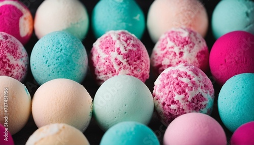Beautiful fizzy multicolored bath bombs, round balls for bathing and relaxation, handmade aromatic