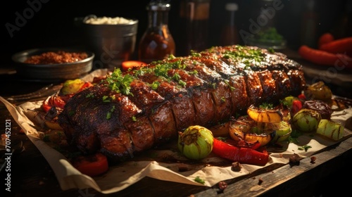 Delicious kebab full of meat and vegetables, black and blur background