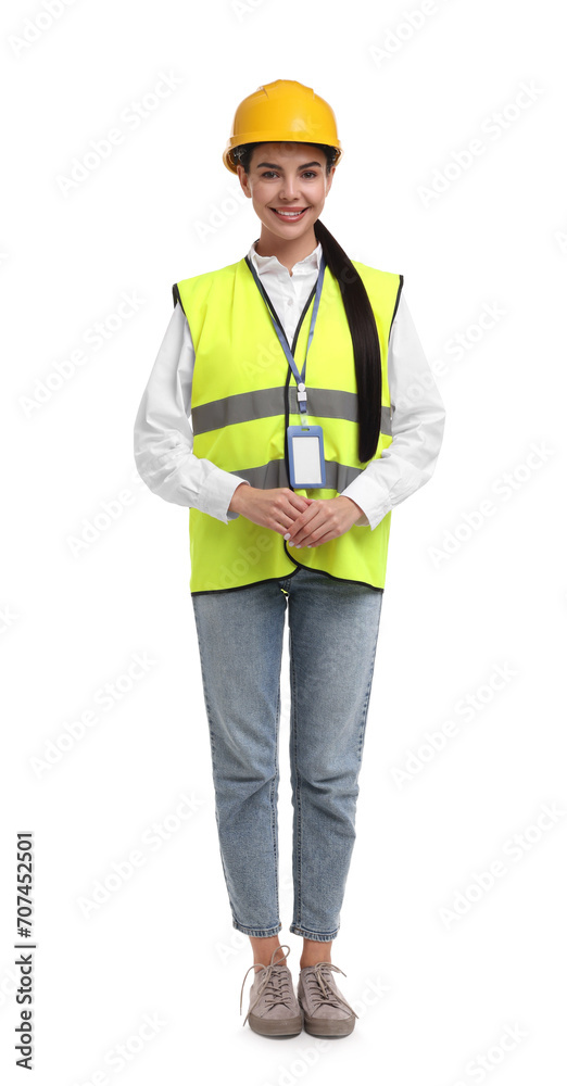 Engineer with hard hat and badge on white background