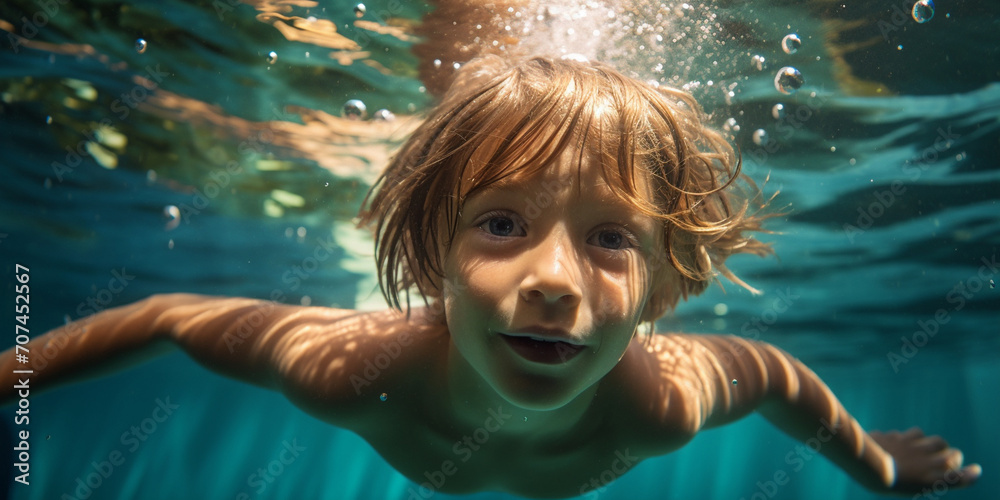 Several joyful little kid splashing around in the sea enjoying their time swimming Happy kid swimming underwater and having fun. Happy childhood and summer vacation High quality photo.