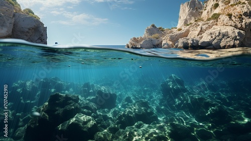Dramatic shadows playing on the ocean floor beneath Menorca's crystal-clear waves -Generative Ai 