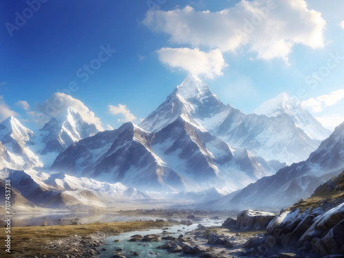 A mountain range with snowy peaks including a prominent peak that is covered in clouds
