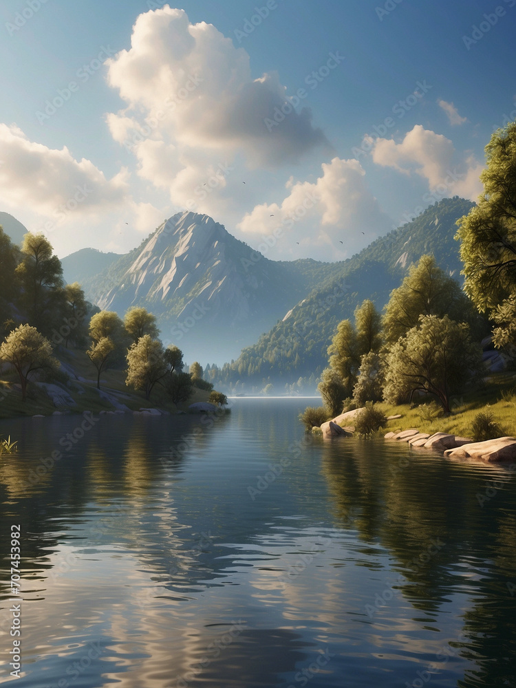 Beautiful mountain lake with trees surrounding it