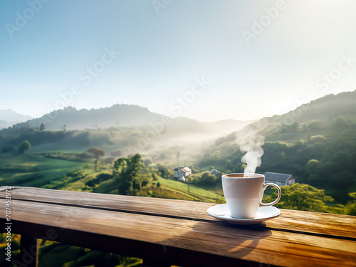 white cup of coffee and smoke on a wooden table with view of farmland and mountain and blue sky. copy space for text