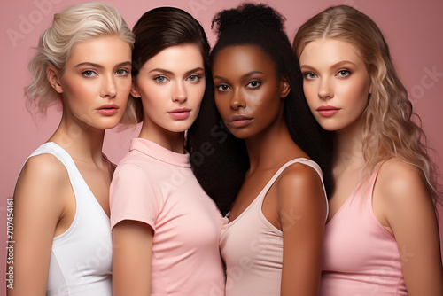 diverse women closely posing together, two blondes and two brunettes, showcasing natural makeup and wearing casual tops in a soft pink backdrop. photo