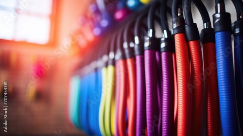 Closeup of a jump rope coiled up and hung on a wallmounted storage unit in a home gym photo