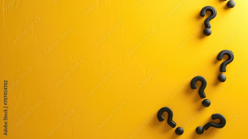 Black question marks scattered on a vibrant yellow background - obrazy, fototapety, plakaty 