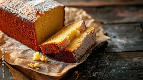 Close-up of a lemon pound cake with powdered sugar photo