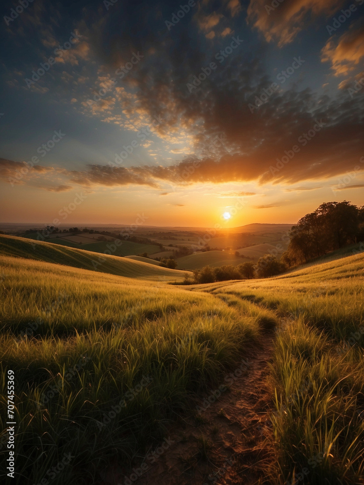 Obraz premium Sun on a lush green hillside casting warm light over the scene