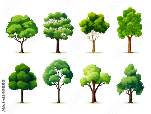 set of eight green trees isolated on white background. illustration  generative ai
