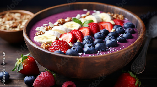 acai bowl of smoothies raspberries blueberries. breakfast menu photo