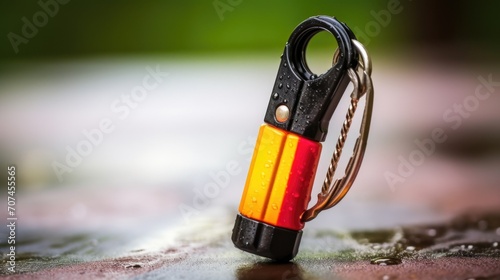 Closeup of a compact pepper spray keychain designed for teenage selfdefense.