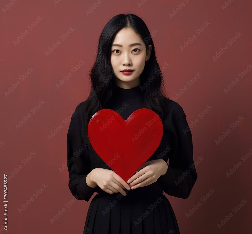 Sensual Asian woman holding red heart, studio portrait, bold gesture, sculpture, fine art, love valentine, bold makeup, red lips, sensual, seductive, asian features Sensual Asian woman holding red heart, studio portrait, bold gesture, sculpture, fine art, love valentine, bold makeup, red lips, sensual, seductive, asian features