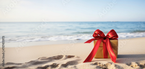 A gift with red ribbon on the beach, contrasting the blue ocean with its vibrant red bow, banner with copy space 