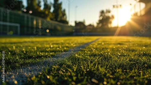 Sunset over a dewy soccer field with clear focus on grass line