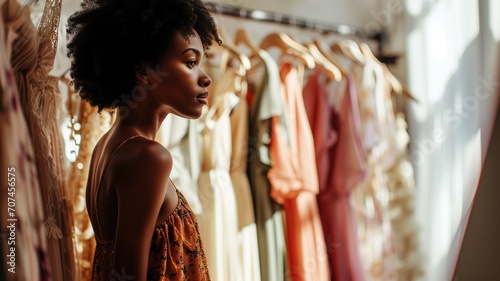Young woman contemplating dresses in a boutique