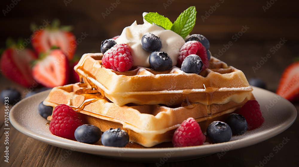 belgian waffles with berries on white plate on wooden table belgian waffles with berries on white plate on wooden table