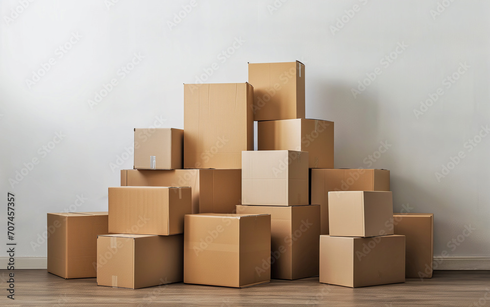 Stacked Moving Boxes in Empty Room Stacked Moving Boxes in Empty Room
