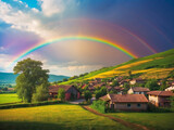 Colorful landscape featuring a vibrant rainbow stretching across the sky above a small village