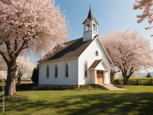 Large white church with blooming cherry blossom flowers garden