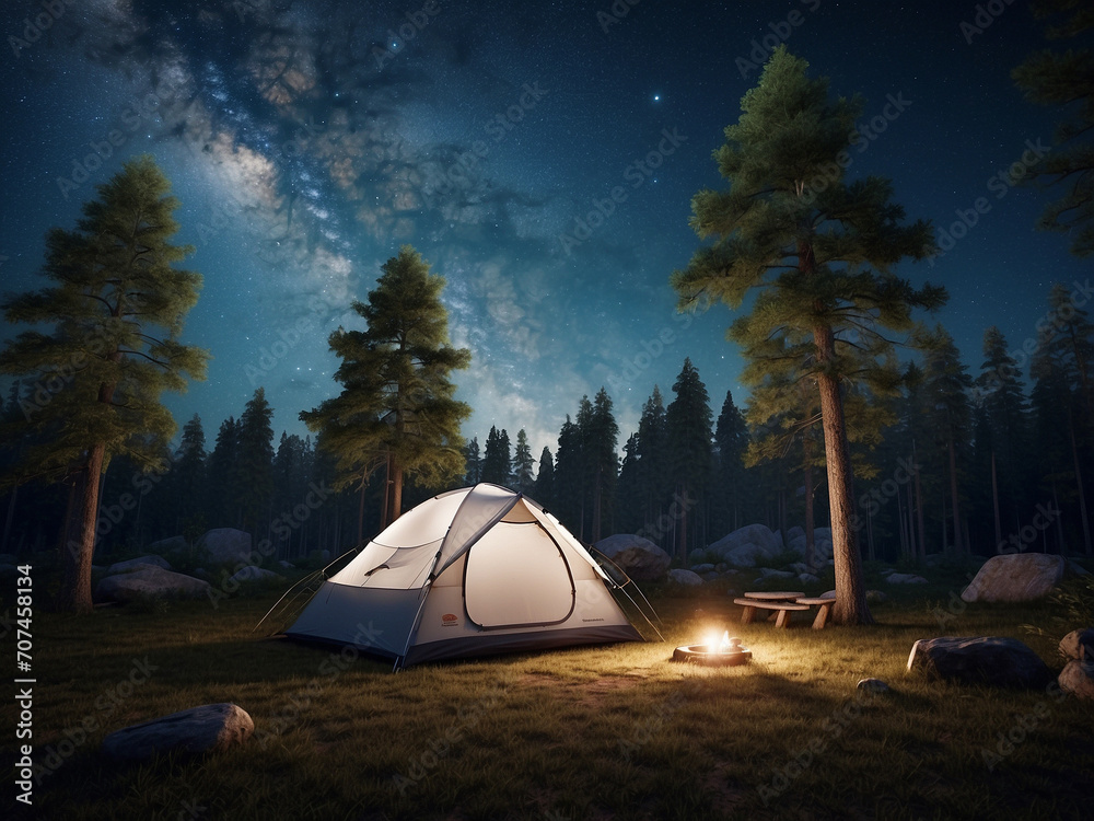 A tent is set up in a grassy field at night with trees surrounding it