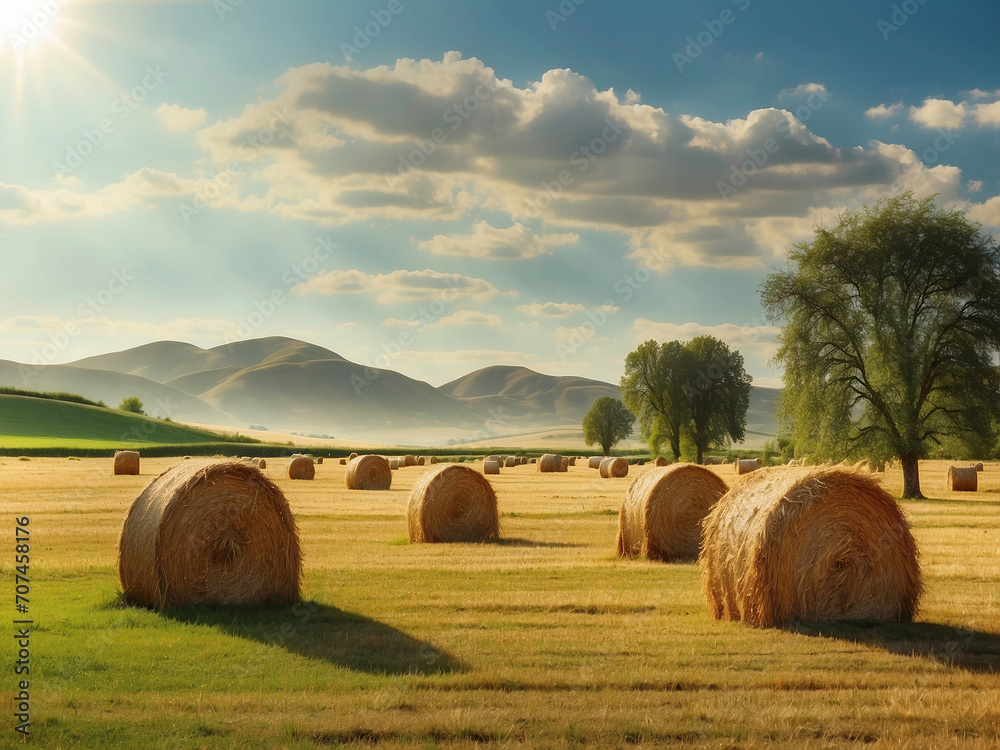 A large grassy field with several bales of hay scattered throughout it on countryside background