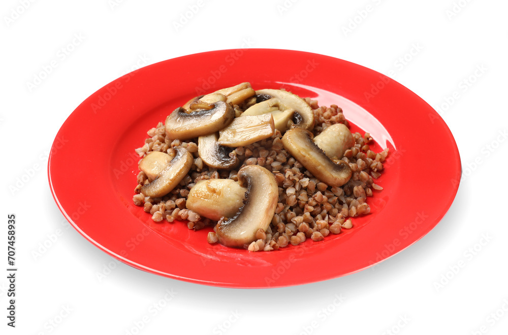 Tasty buckwheat with mushrooms isolated on white Tasty buckwheat with mushrooms isolated on white