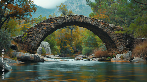Ancient Stone Bridge Over Serene River in Autumn