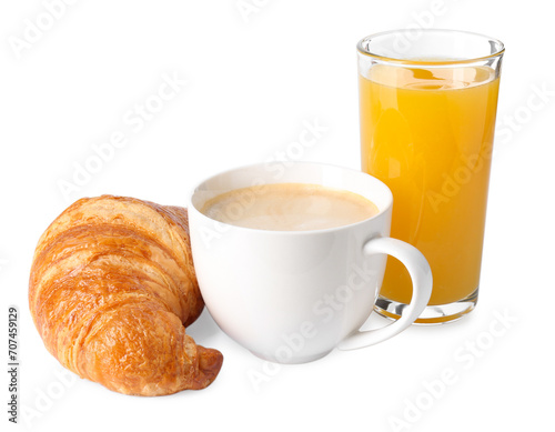 Fototapeta Naklejka Na Ścianę i Meble -  Delicious fresh croissant, cup with coffee and glass of orange juice isolated on white