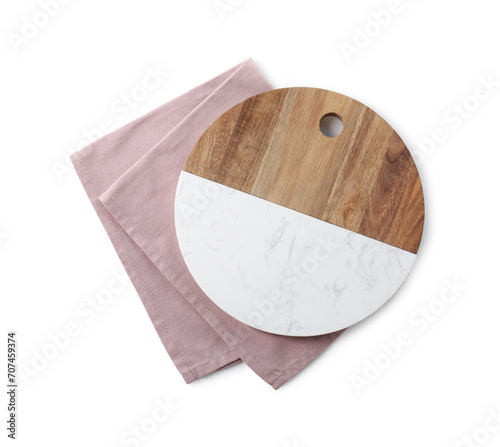 Cutting board and kitchen towel isolated on white, top view