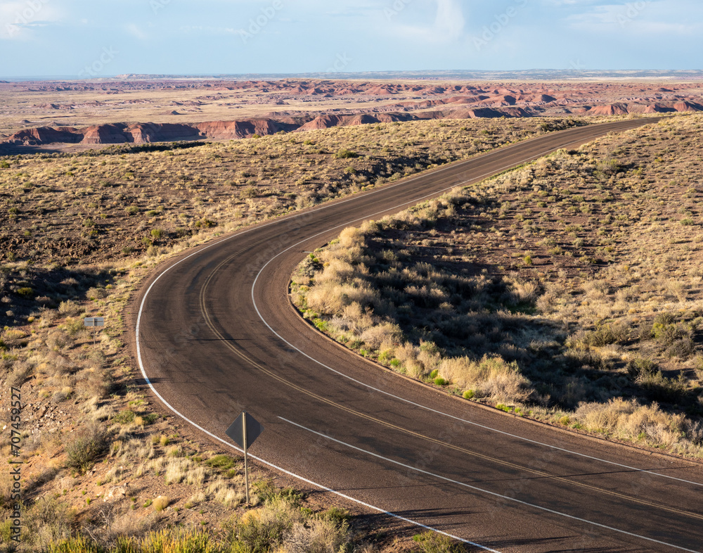 Scenic road through Painted Desert at Petrified Forest National Park - AZ, USA