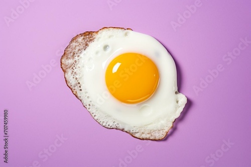 Artistic fried egg, from top, on purple backdrop. Generative AI