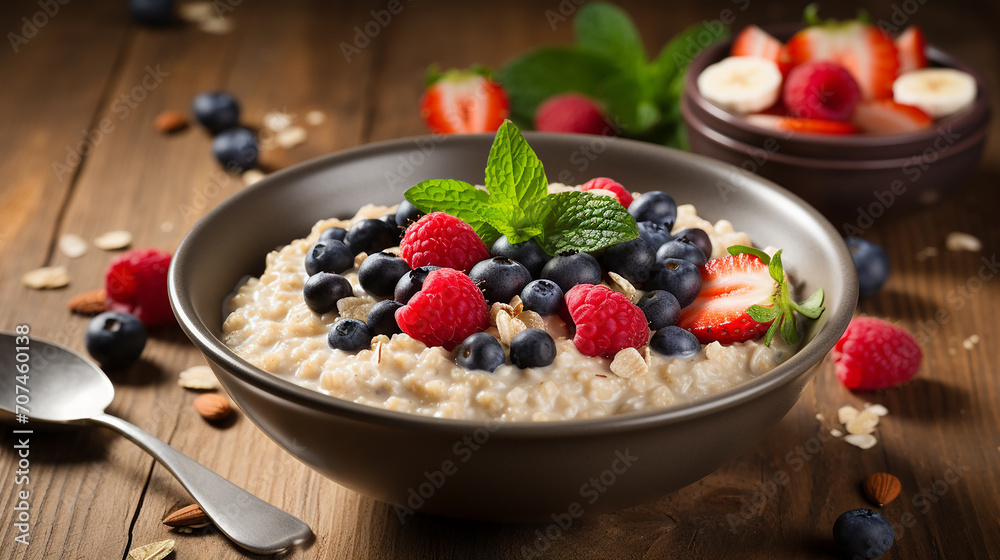 bowl with prepared oatmeal with raspberries strawberries and raspberries