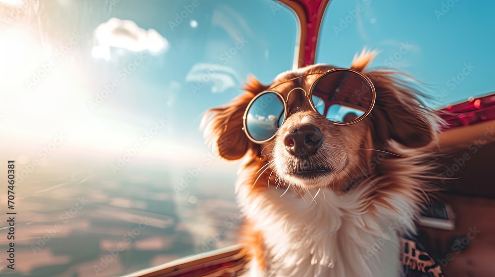 A photo of a dog wearing aviator glasses in a small aircraft, up far in the air with clouds