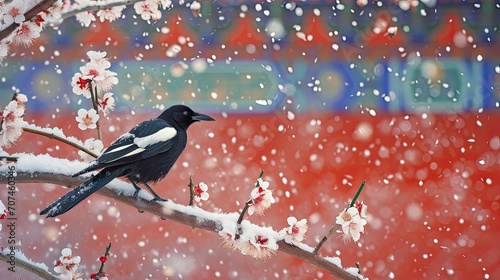 a magpie stands on a plum blossom in a snowy winter, with the red wall of the Forbidden City as the background