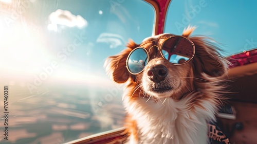 A photo of a dog wearing aviator glasses in a small aircraft  up far in the air with clouds