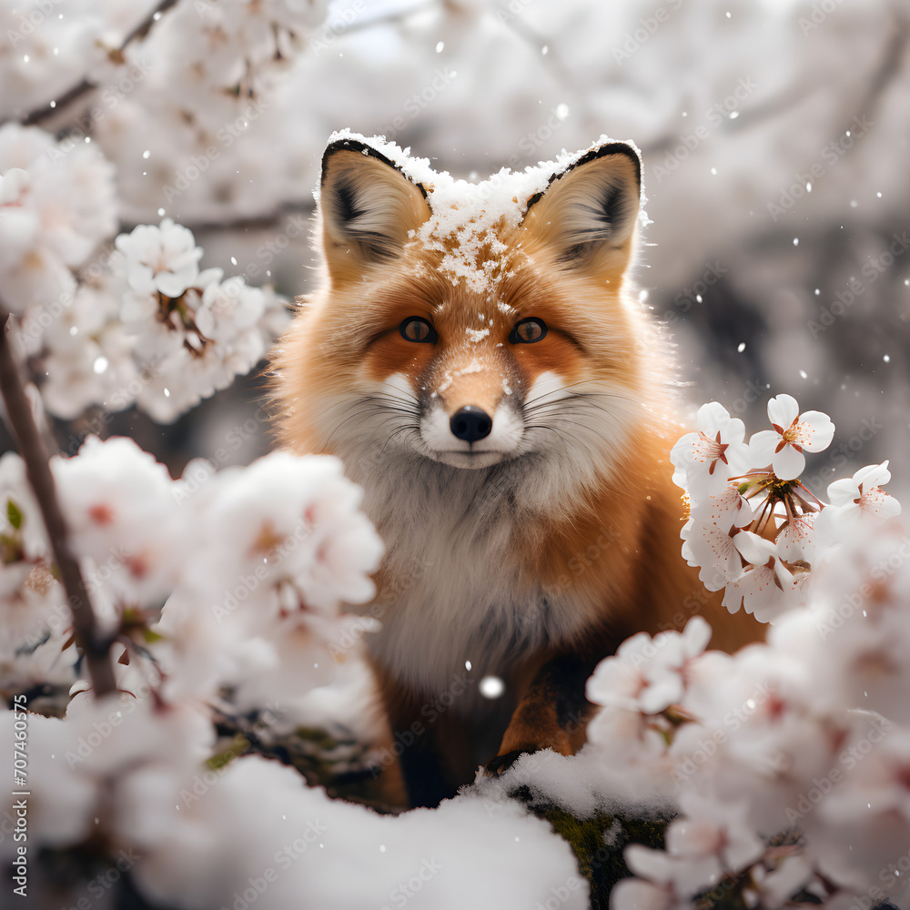 Fox in snow with cherry blossoms 