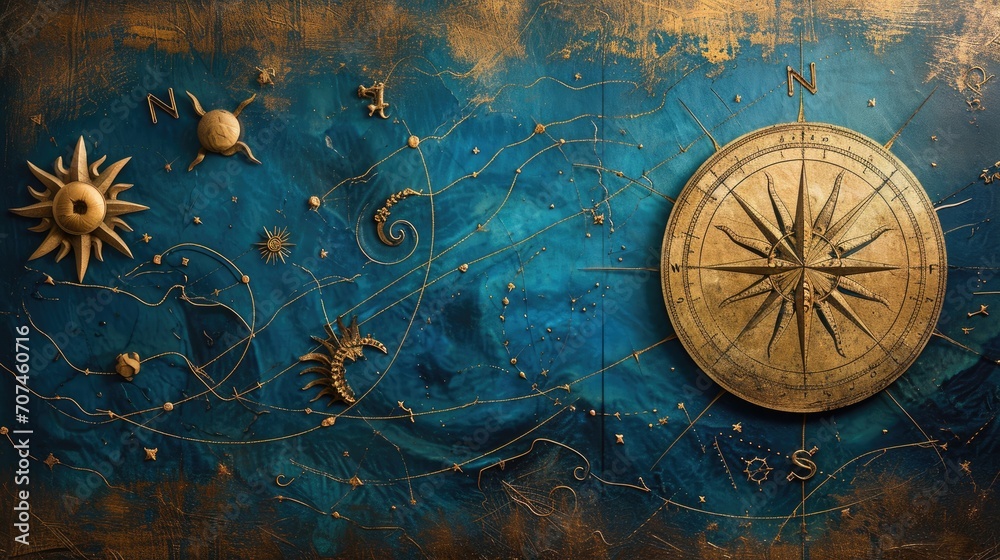 caravels, marine blue, a Portolan Map, the sun, heliocentric, compass rose, various little stars, constellation map style, golden filigree