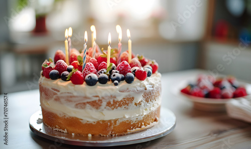 Birthday cake decorated with berries, Generative AI 