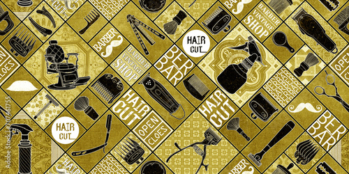 Wallpaper Mural Long pattern seamless barber tools shop vintage icon set logo illustration sign for pattern and blackground. Torontodigital.ca