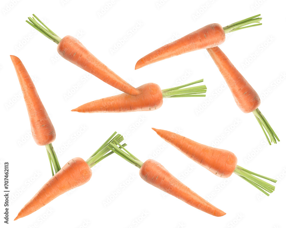 Fresh ripe carrots falling on white background Fresh ripe carrots falling on white background