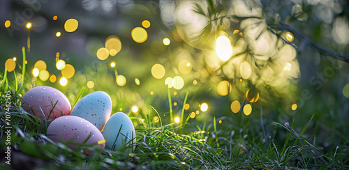 Soft pastel Easter eggs nestled in a bed of greenery, the warm light dancing around them creates a magical and inviting scene for spring festivities.